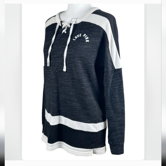 PINK Sweatshirt black and white with drawstring Size Medium - Picture 3 of 4
